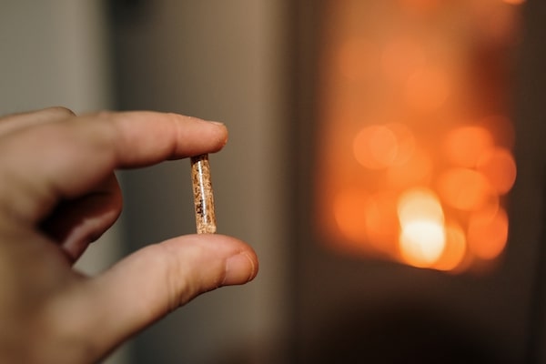 Pellet de bois mis en valeur Pellet de bois mis en valeur devant un poêle à pellets